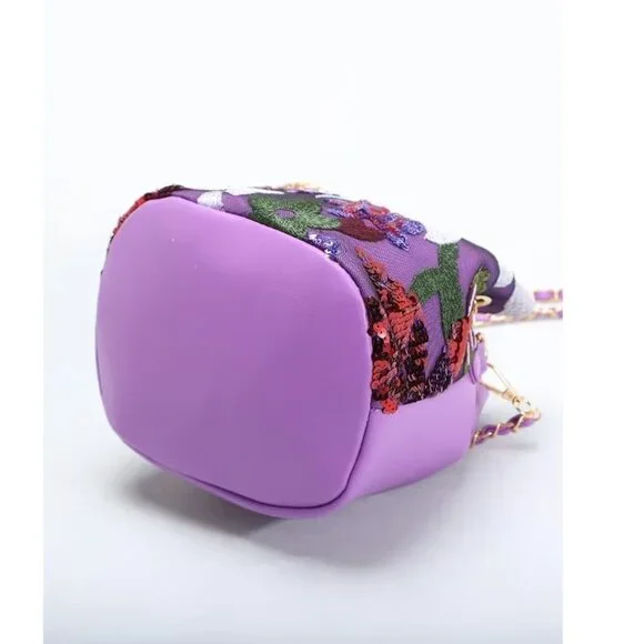 Floral Sequin Bucket Bag Gold Chain Bird Motif Crossbody - Picture 8 of 9